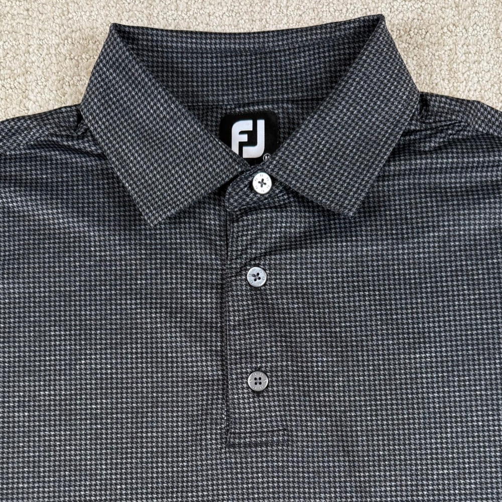 FootJoy Mens Medium Black Gray Houndstooth Performance Golf Polo Shirt